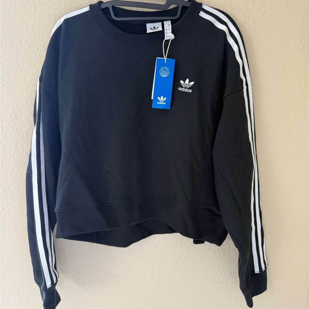 Adidas Women's Cropped Black Hoodie with White Stripes
